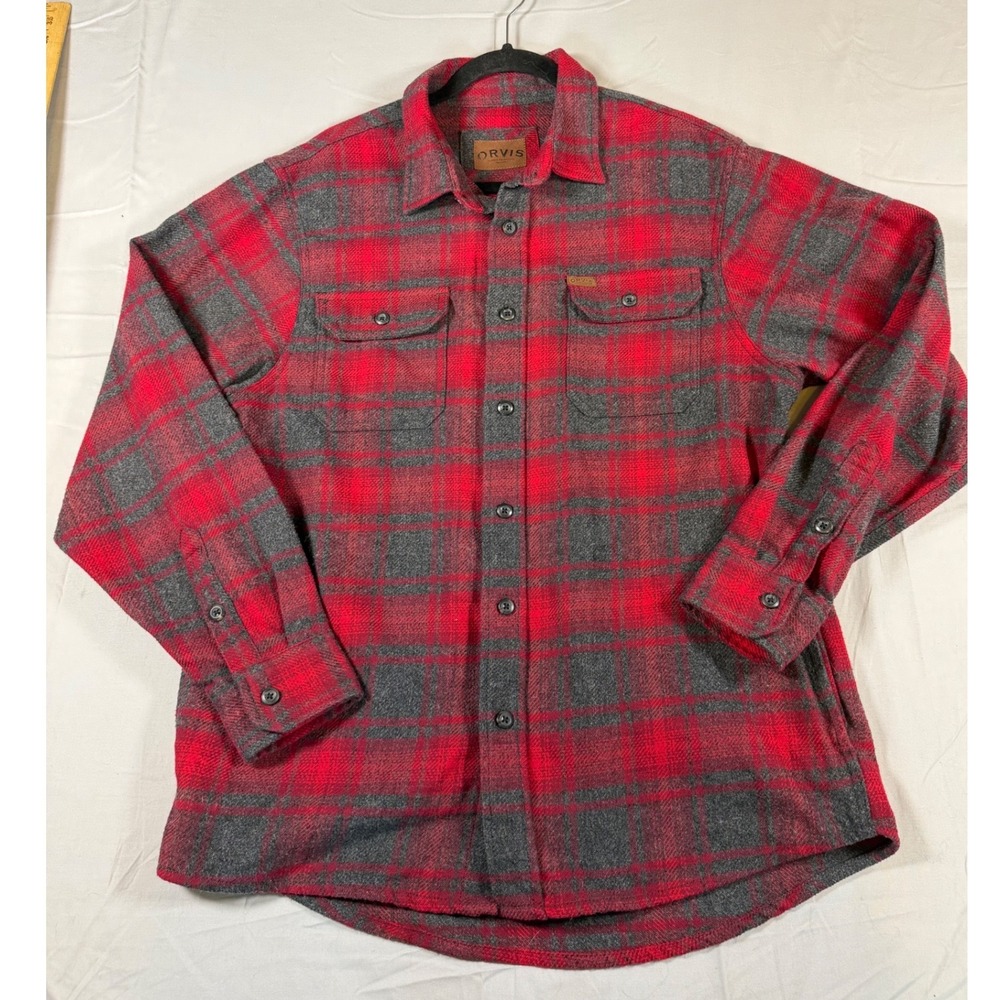 Orvis Men Red Grey Plaid Flannel Button Down Shirt Medium Classic Collection
